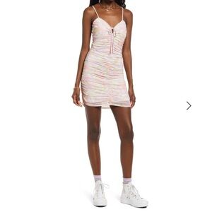 BP Ivory Multi Roxy Abstract Ruched Tie Front Slip Dress Small